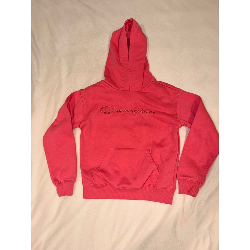 Champion Kids Pink Script Logo Fleece Hoodie Sweatshirt Size S 6/6X (721)
